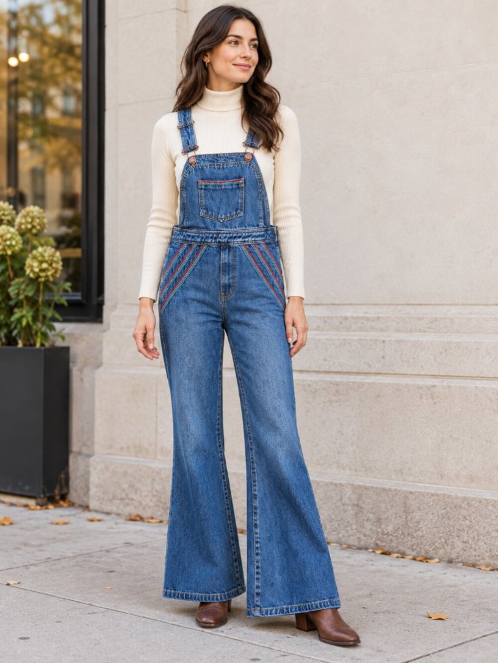 Free People Chasing Rainbows Overalls Size 6 Blue Denim Flare Rainbow Stitch Bib